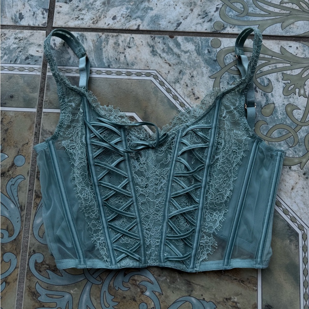 Lace-Up Corset Bralette in Sage Green - Adjustable Straps, Women’s Size M